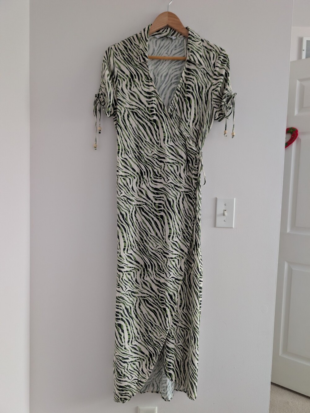 3/$30 ZARA Midi Wrap Dress in White with Green and Black Zebra Print